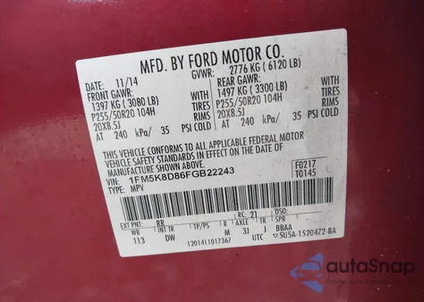 2015 Ford Explorer Xlt z USA, uszkodzony, nr VIN 1FM5K8D86FGB22243